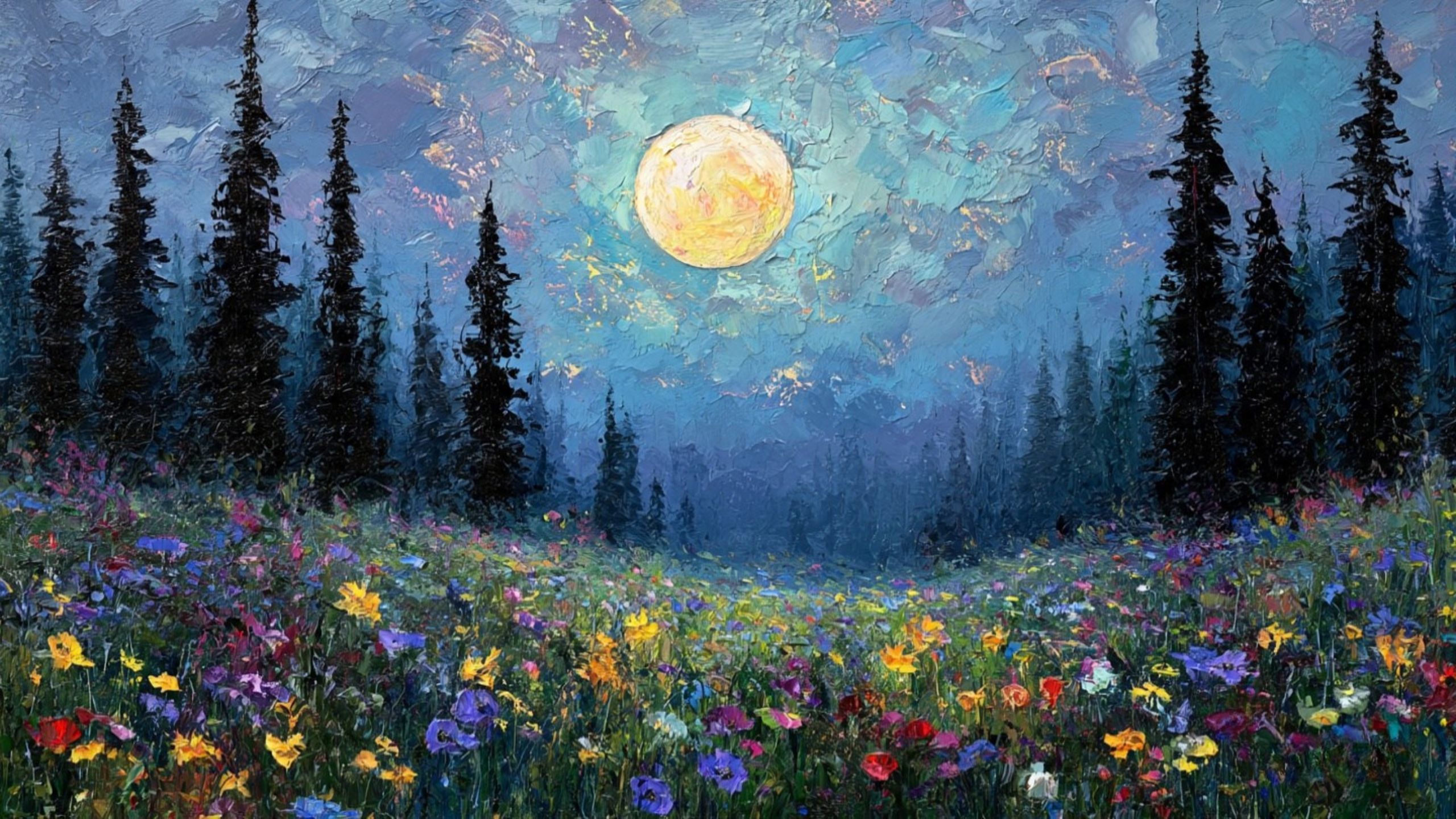 full moon over wildflower meadow
